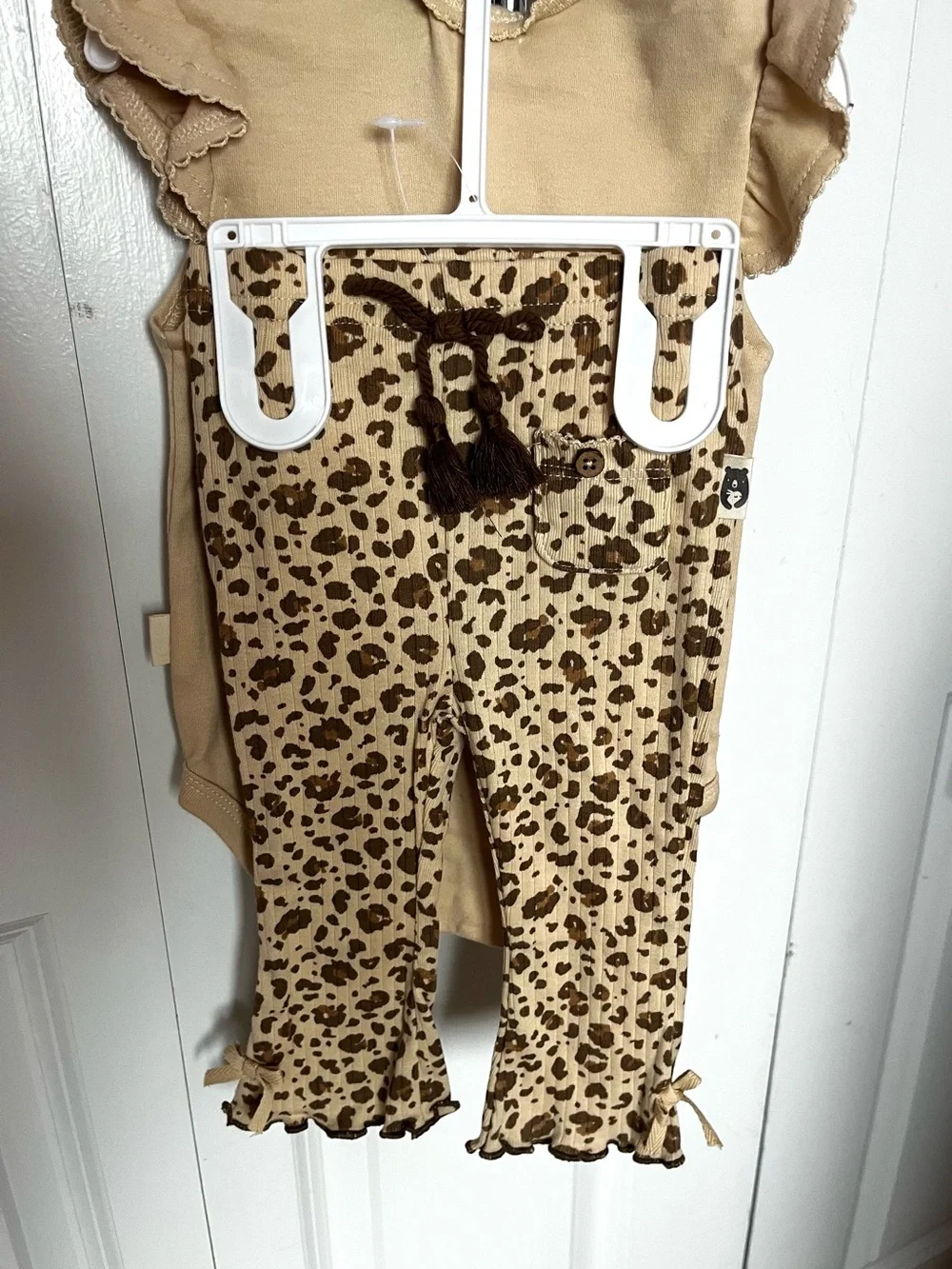 Daddy's Girl Beige Ruffle One-Piece Bodysuit with Leopard Pants